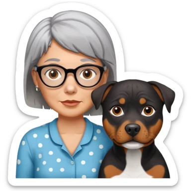 ONE Pit bull Rottweiler mix with white muzzle and spots on muzzle next to ONE older woman with really short grey hair and brown eyes sticker