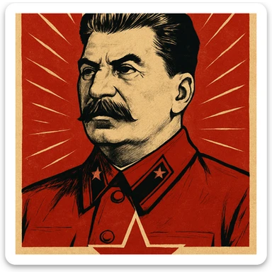 stern portrait of Stalin in a classic Soviet propaganda poster style sticker