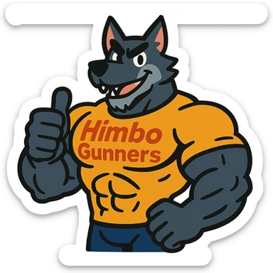 super muscular wolf furry with massive physique, wearing a t-shirt that says 'Himbo gunners', giving a thumbs up sticker