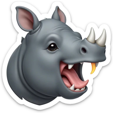 Cinematic Cute Yawning Rhinoceros Portrait Emoji, Head tilted slightly with a dramatic, wide-open yawn, showcasing a soft, textured slate-gray hide with a slightly drooping white horn and eyes barely open in drowsy contentment, Simplified yet irresistibly adorable features, highly detailed, glowing with a soft, cozy glow, high shine, relaxed yet expressive, stylized with a touch of rugged whimsy, bright and endearing, soft glowing outline, capturing the essence of a sleepy yet affectionate rhinoceros, so drowsy it feels like it could stretch out of the screen and curl up for a nap! sticker