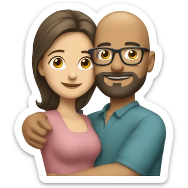 Bald Hispanic man with beard and glasses and white brunette girl with long hair hugging sticker