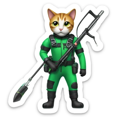 cat in green scuba gear pointing a speargun  sticker