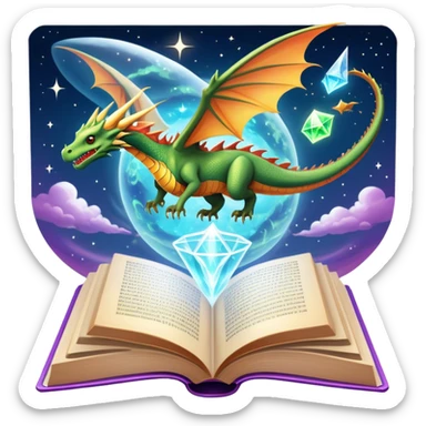 Icon for Fantasy and Sci-Fi Reading: an open book with magical creatures like dragons and fairies flying out, with a futuristic spaceship in the sky and a wizard casting spells. The icon should represent the magic and adventure of fantasy and science fiction worlds. Transparent background. sticker