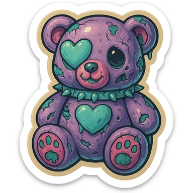 Turn this image into a zombie bear with pastel goth colors, wearing a heart-shaped eye patch, in retro stickers style, with no background. sticker