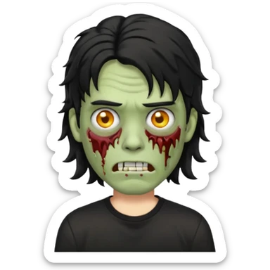 Emoji masculino de zumbi estilo iPhone,com cabelo ondulado mullet e preto, camisa preta e brincos sticker