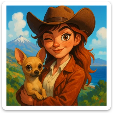 Portrait of a female cowboy with a rebellious and playful expression, wearing a cream shirt and a cognac-colored jacket, freckles, tanned skin, hazel eyes, auburn-highlighted hair, holding a beige-brown chihuahua in her arms, blurred background of Tenerife, Pixar art style, bright illustration, expressive, big eyes, vivid colors sticker