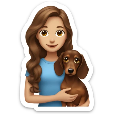 A girl with long wavy brown hair and blue eyes holds a small brown dachshund  sticker