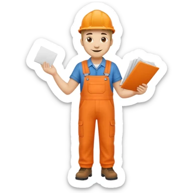 railway engineer full body in orange overalls, carrying one piece of paper with both hands in front of him sticker