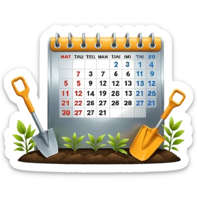 calendar icon with garden tools near. Transparent background sticker