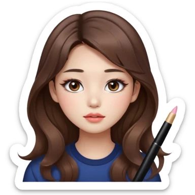 “korean straight brown hair Emoji girl, soft eyeliner and blush, gradient lips, light brown shimmer eyeshadow, long wavy hair,  sticker