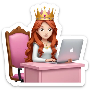 Long haired Redhead with crown on her head sat at the desk with MacBook and pink desk chair  sticker