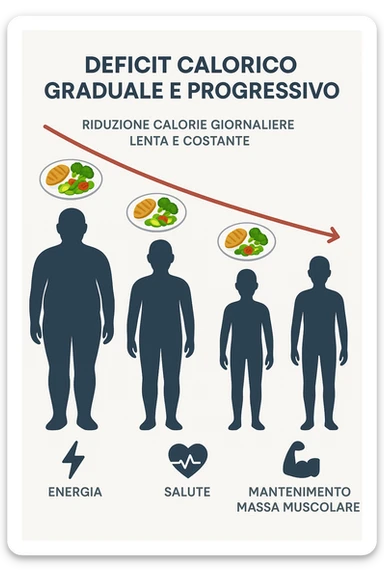 una sequenza di tre sagome umane affiancate, ognuna rappresenta una fase diversa di perdita di peso graduale. Sopra ogni figura, un piatto mostra porzioni di cibo bilanciate ma leggermente ridotte. Frecce e grafici illustrano una diminuzione lenta e costante dell’apporto calorico giornaliero, con icone che rappresentano energia, salute e mantenimento della massa muscolare. Sfondo pulito e moderno, con etichette chiare che spiegano “deficit calorico graduale e progressivo” sticker