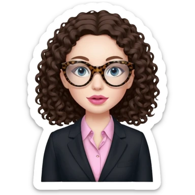 A girl with white pale skin, blue eyes, full lips, brunette long curly hair. She has a leopard print round-ish shaped glasses. She is wearing a all black suit with light pink blouse inside the suit. She is making a self care face mask  sticker