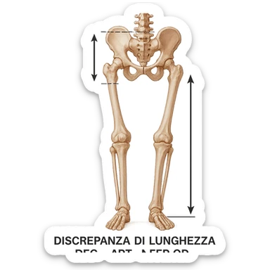 Medical style hyperrealistic posterior view highlighting the difference in leg length: one leg visibly shorter than the other, pelvis tilted for compensation. Add arrows, reference lines, and an anatomical caption in Italian to make the concept immediately understandable. Remove background. Variation 3. sticker