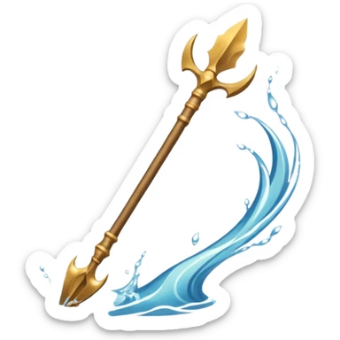 Golden three-pronged spear, water swirling around it, symbol of the sea. sticker