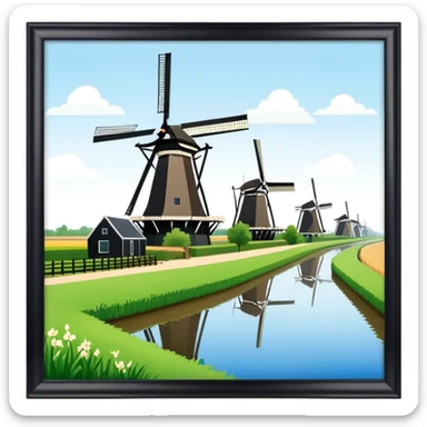 cinematic-realistic-kinderdijk-windmills-landmark-emoji,-showcasing-traditional-dutch-windmills-aligned-along-a-tranquil-canal,-with-lush-green-fields in a picture frame sticker