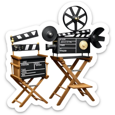 Icon for Acting: a theatrical mask, stage lights, a director’s chair, a script, a movie camera and a clapperboard, representing the craft of acting in theater and film. Famous actor-star. The design should reflect creativity, performance, and storytelling. Transparent background. sticker