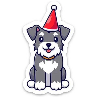 A schnauzer dog wearing a colorful birthday hat sticker