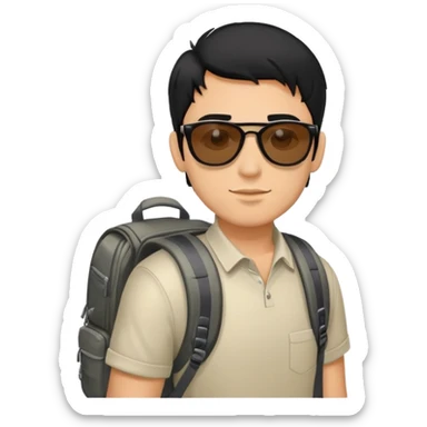 Man with sunglasses on his black hair wearing a backbag sticker