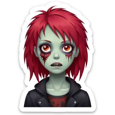 zombie girl with red shaggy hair, medium length, emo look, dark and creepy sticker