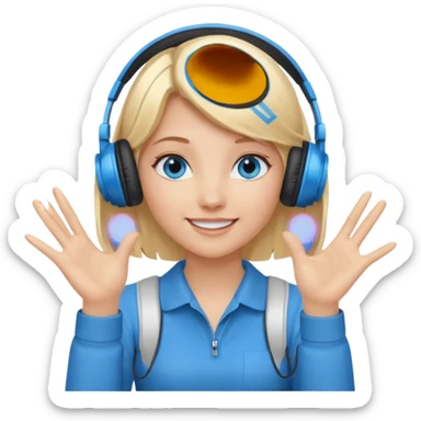 girl with blonde hair and blue eys, having on ears heaphones, with heands telling what  sticker