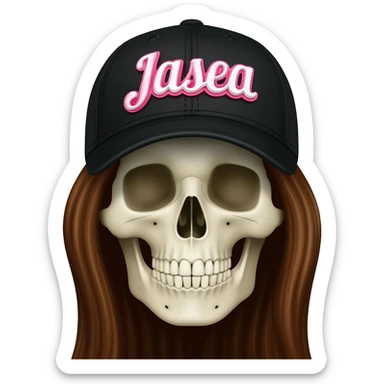 Create a skeleton head wearing a black baseball cap that says " Jasea " in pink, and white lettering, with long brown hair sticker