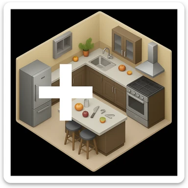 Move the plus symbol to the left side of the kitchen emoji, keeping it clearly visible and in the same style as the original image. sticker