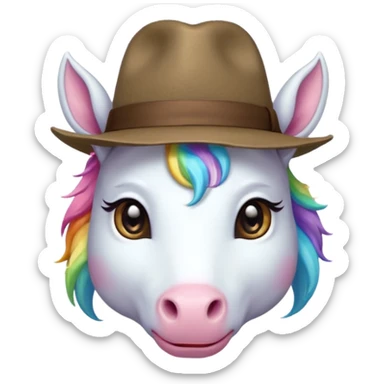 unicorn face cute wearing fedora, horn piercing through the hat looking in the camer sticker