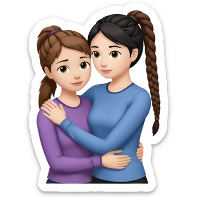 Comforting Hug two white skin women, one shorter woman with brown hair in simple top ponytail, not braided, and one taller woman with black hair in long side braid sticker