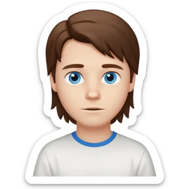 White boy with blue eyes and brown semi long hair with a White shirt sticker