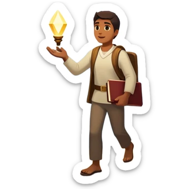 A man walks from darkness and inner conflict toward a glowing light in his chest, guided by intuition. Along the path, he passes through ambition and emptiness, then reaches a radiant mountaintop where healing transforms him into a fulfilled guide, holding a book and offering his hand to others. sticker