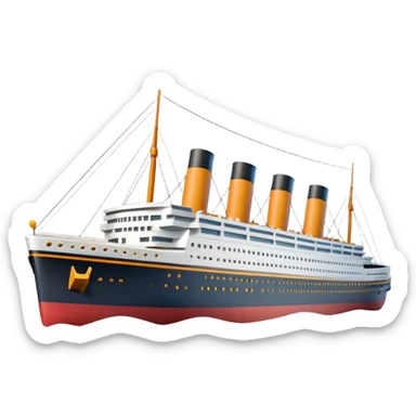 A 3D emoji of a Titanic ship in Apple style, glossy and smooth surface, bright clean colors with subtle shading, simple and minimal details, no face or expressions, floating on calm ocean, soft shadows, high-quality render, isolated on white background.


 sticker