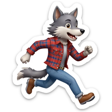 friendly anthropomorphised wolf in plaid and jeans running, energetic pose sticker