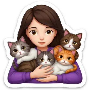 brunette girl snuggling 6 cats sticker