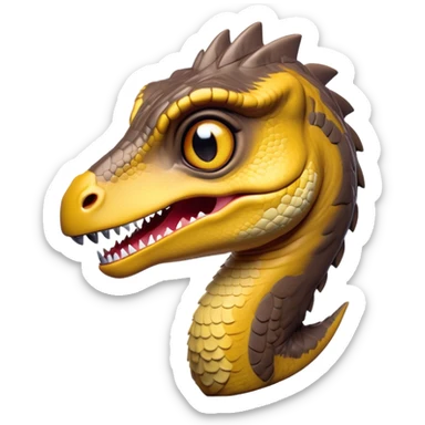 Cinematic Cute jurassic park Velociraptor Portrait Emoji, Head tilted playfully with a cheeky smirk, featuring a compact, agile form with smooth, dark scales and softened, expressive eyes that sparkle with mischievous charm, Simplified yet irresistibly adorable features, highly detailed, glowing with a warm, inviting prehistoric glow, high shine, affectionate and lively, stylized with a touch of whimsical dinosaur mischief, soft glowing outline, capturing the essence of a playful jurassic park Velociraptor that seems as if it could sprint out of the screen into your heart! sticker
