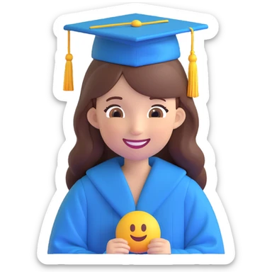 girl with long brown hair in graduation clothes with hat and robe smiling, emoji style sticker