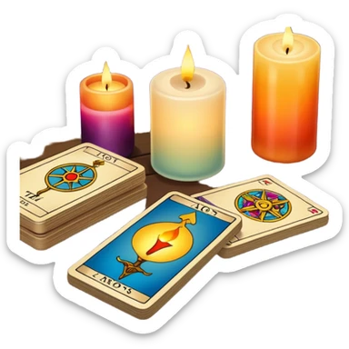 A deck of tarot cards lies on the table, and a candle stands nearby sticker