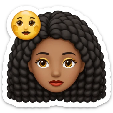 Haz un emoji de una chica de cabello largo rizado tipo 3c 3b de pelo negro su tono de piel no es ni blanca ni morena tiene un lunar en la nariz y tiene pecas en la mejilla su nariz es media redonda y sus labios medios carnosos y tiene ojos marrones oscuros y cejas media larga  sticker