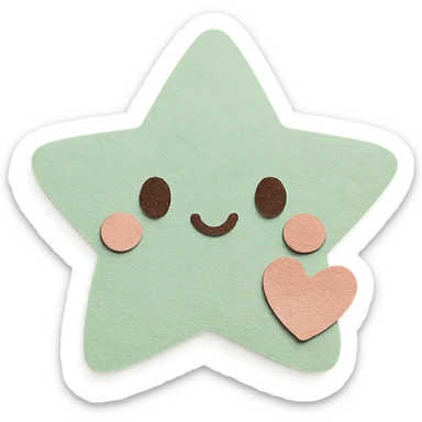 A cute pastel green star with a tiny pastel heart, no limbs, full body, transparent background, in kawaii paper craft style. sticker