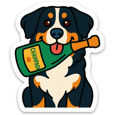 bernese mountain dog with a toy champagne bottle in its mouth, vibrant toon style sticker
