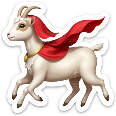 side view of white female goat wearing a read cape like superman sticker