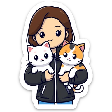 Light-skinned girl with brown straight hair wearing a black jacket, along with one pure white cat and one calico cat sticker