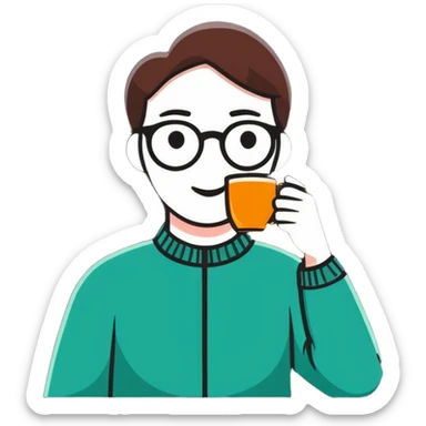 cartoon style emoji of a person with glasses sipping tea, cozy vibe sticker