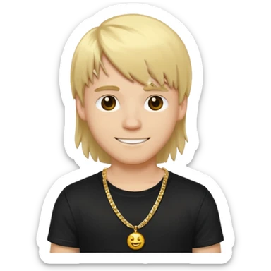 make a iphone emoji who is a white man that looks young with long blonde hair with bangs, with a black punk shirt and a golden neckless sticker