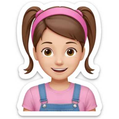 preschool teacher with brown hair pulled up in high ponytail and light pink thin width headband. Has a pink t-shirt with denim overalls. enthusiastic expression with big smile sticker