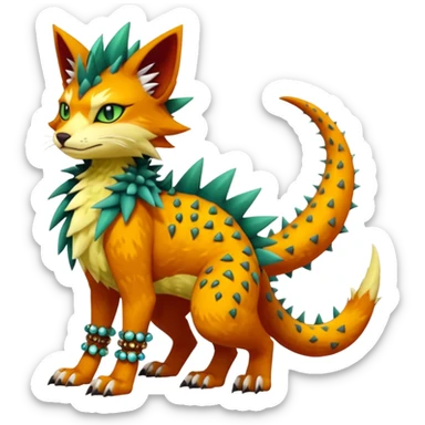 Kawaii cute reddish orangish yellowish greenish exotic tribal beautiful pretty elegant divine edgy feline-vernid-sergal-Fakémon-Pokémon-Digimon-fursona-animal-creature with accessories, jewelries, full body, with intricate detailed markings, spikes, furs, fins, scales, spiny sticker