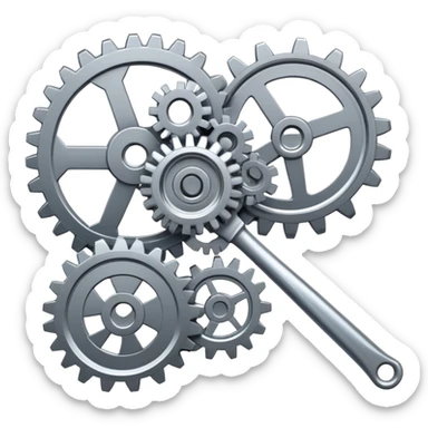 An icon featuring mechanical gears, a wrench, and a blueprint, symbolizing mechanical engineering. The design includes pistons, turbines, and precision tools, representing the design, production, and maintenance of machines and systems. Transparent background sticker