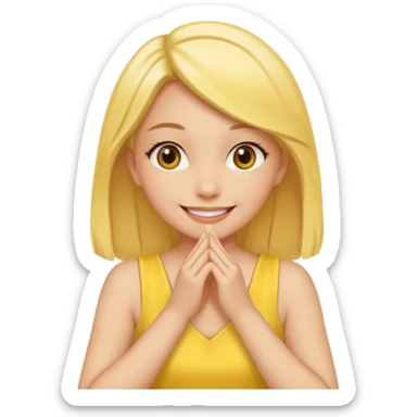 yellow smiling face girl with both hands under chin fingers touching sticker