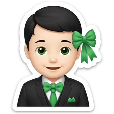 baby boy black hair in suit, with green bow, happy sticker