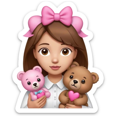 Brown hair girl with brown eyes and white shirt with pink heart holding little bear toy in the color brown with little pink bow on the head. sticker